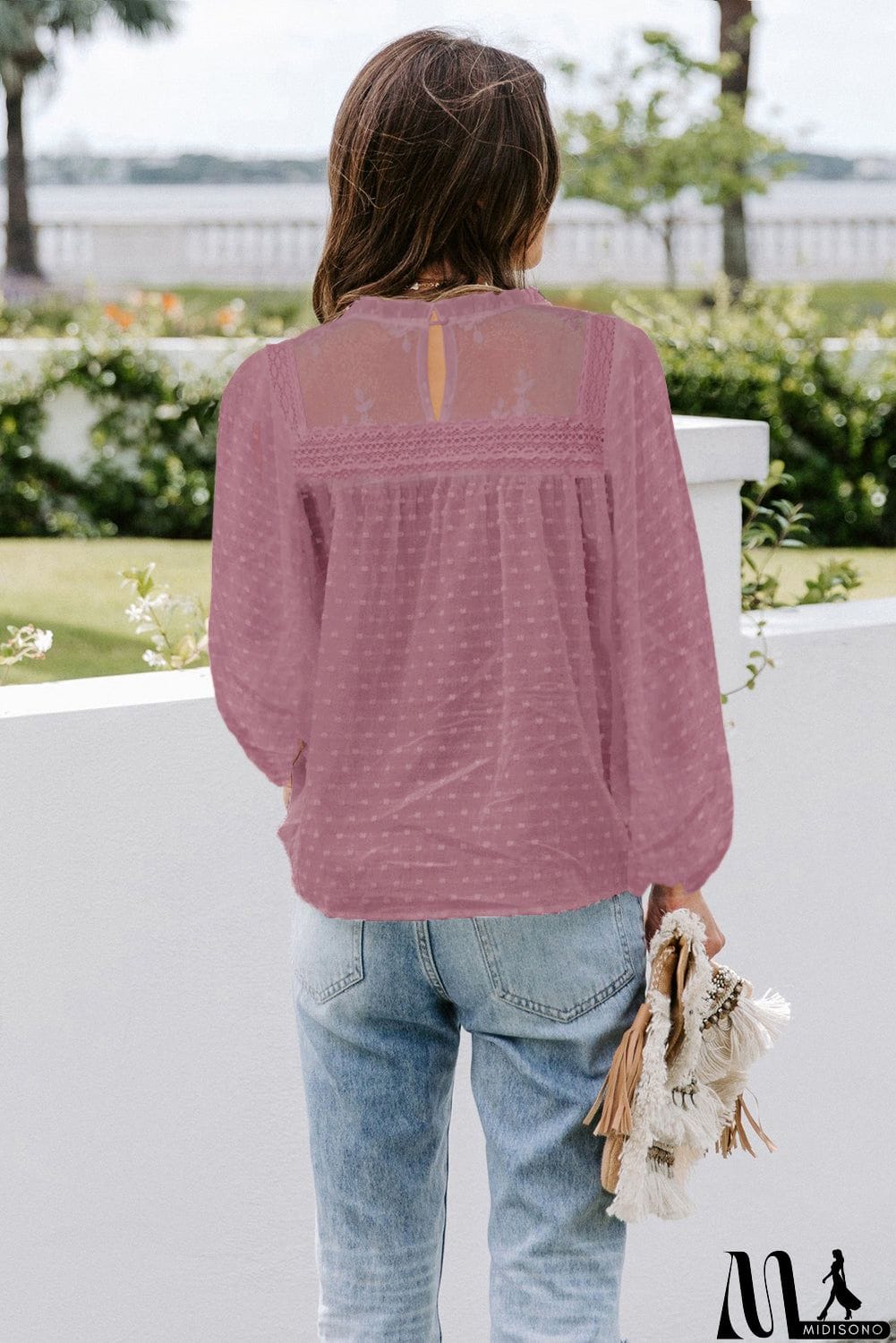 MidiSono - Frill Neck Swiss Dot Puff Sleeve Blouse