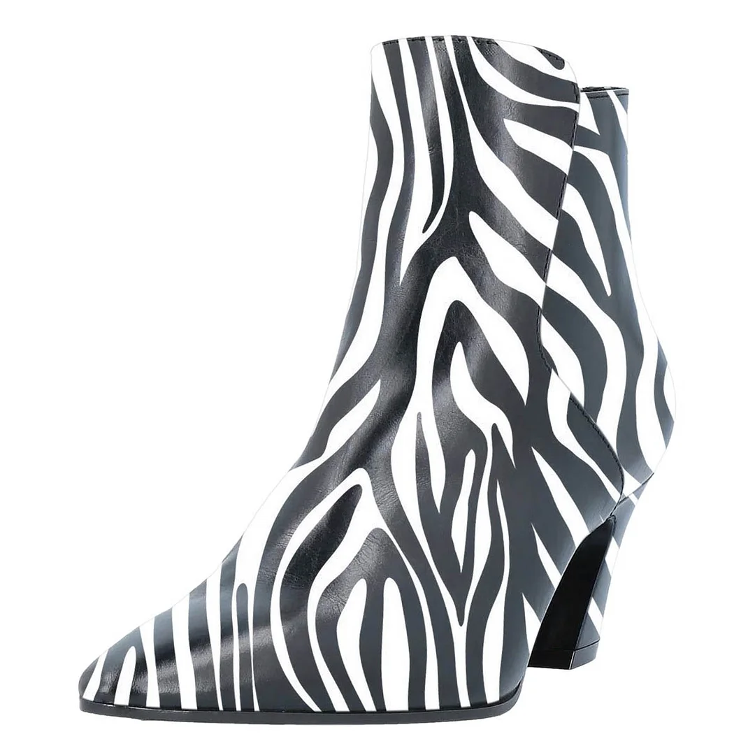 White & Black Chunky Heel Zebra Print Zipper Pointed Toe Boots