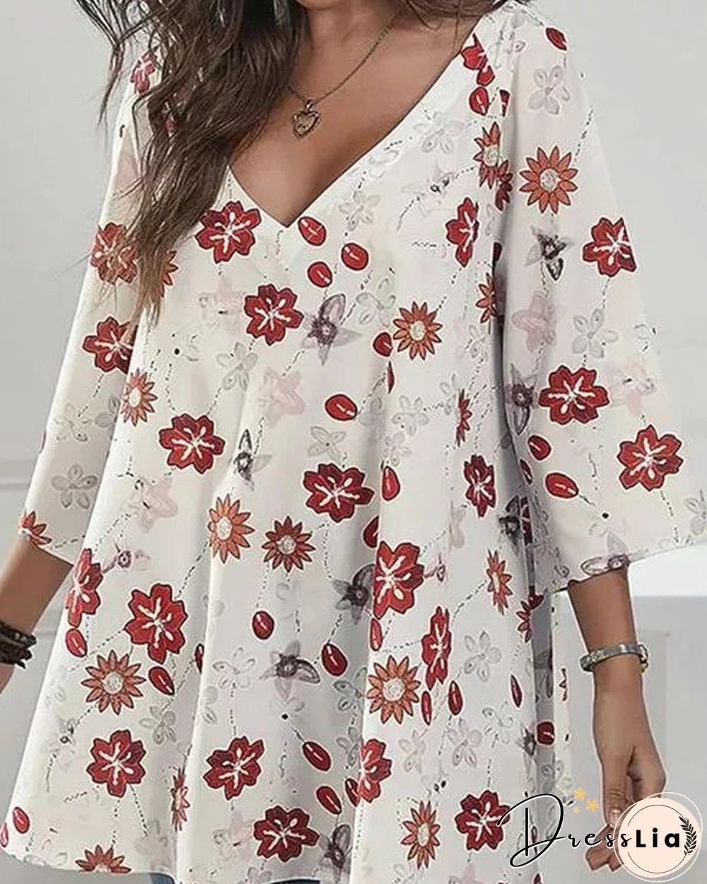 Casual V Neck 3/4 Sleeve Loose Fit Floral Blouses