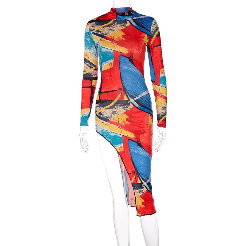 Hawthaw Women Fashion Autumn Long Sleeve Printed Bodycon Irregular Red Midi Dress 2021 Fall Female Wholesale Clothes Streetwear