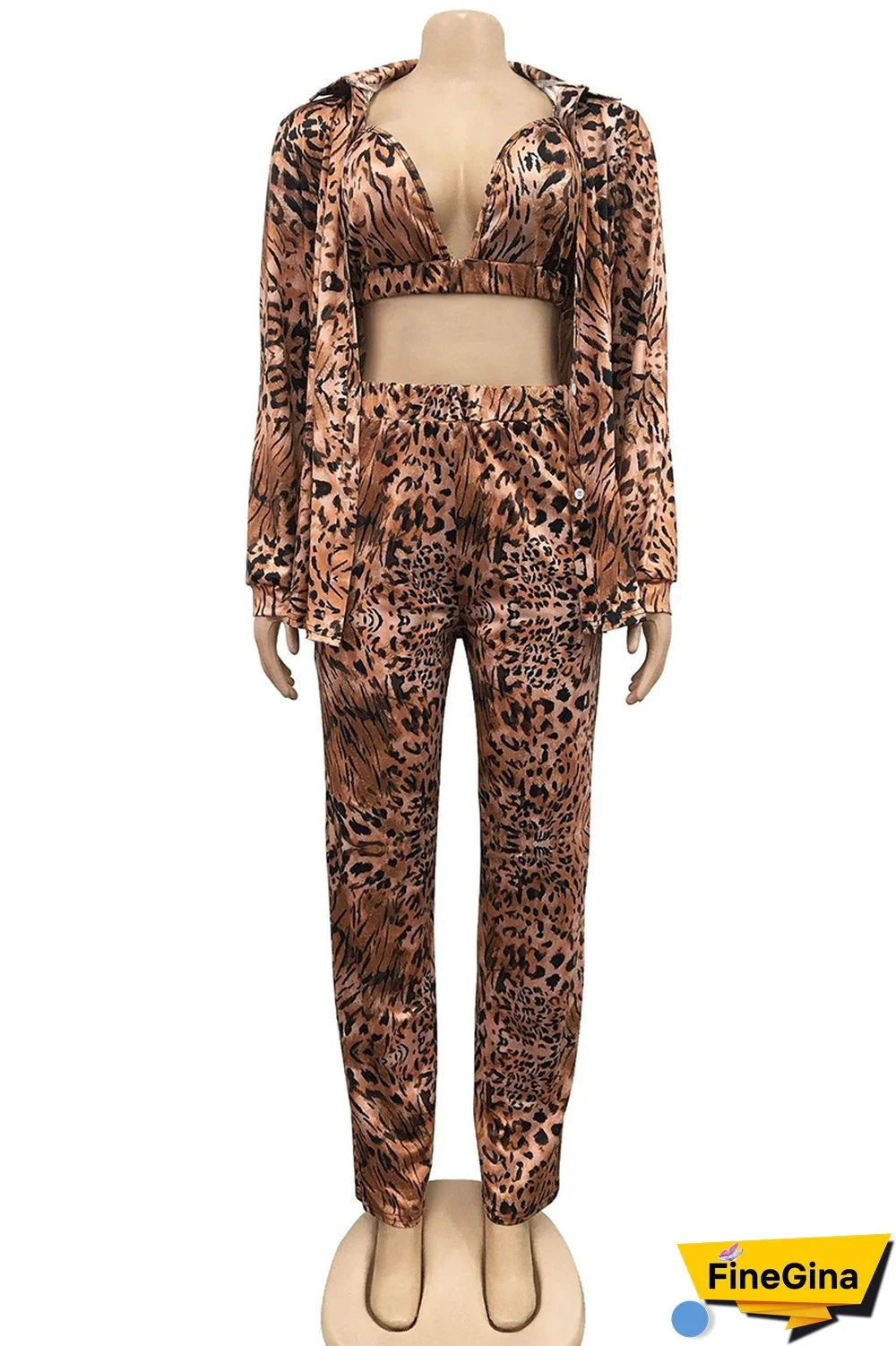 Tiger Pattern Fashion Casual Print Cardigan Vests Pants Turn-back Collar Long Sleeve Two Pieces