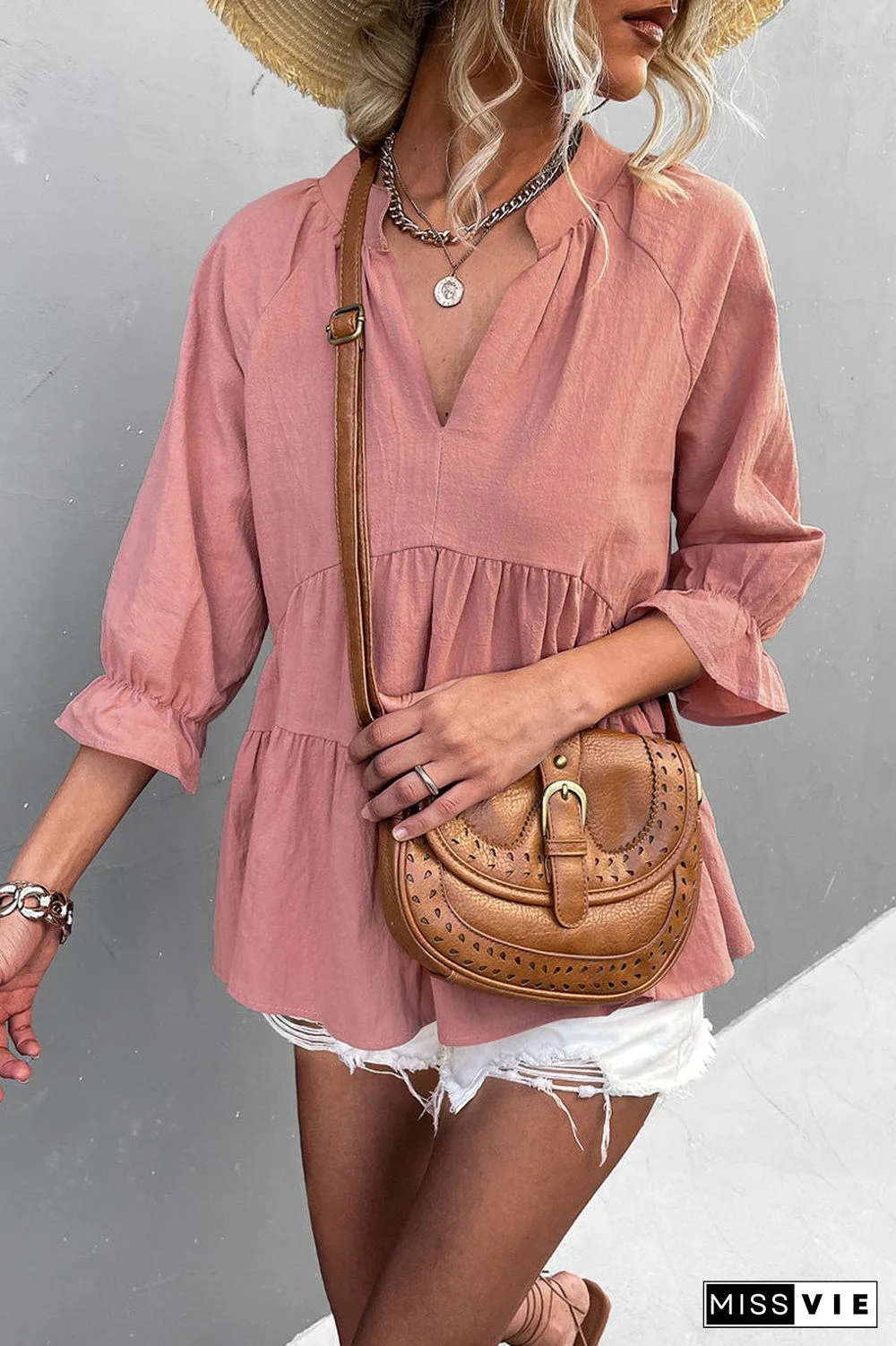 Casual Solid Flounce Fold V Neck Tops(5 Colors)