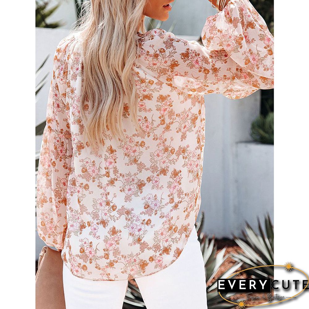 Pink Floral Print Chiffon Lantern Sleeve Tops