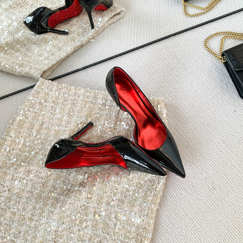 Diamond Red Sole High Heels Women's Thin Heels Pointy Side Air Black Lacquer Leather Single Shoes