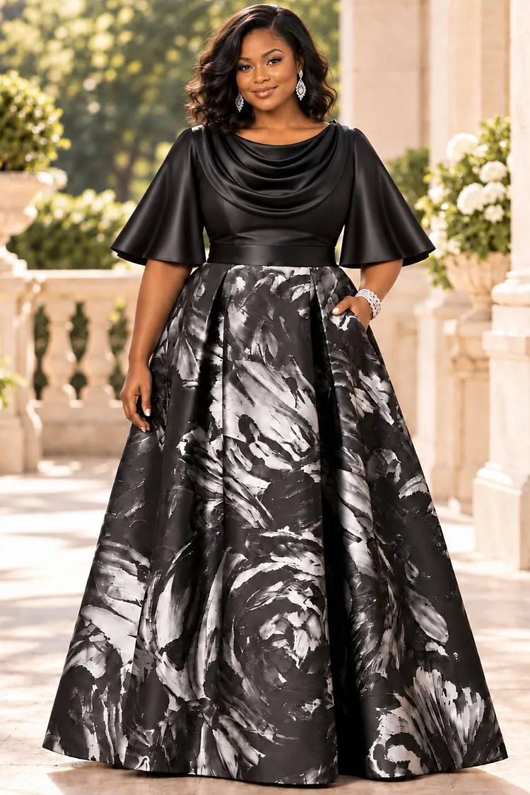 Xpluswear Design Plus Size Formal Black Graphic Cowl Neck Short Sleeve Pocket Contrast Satin Maxi Dresses [Pre-Order] 2024 - Xpluswear
