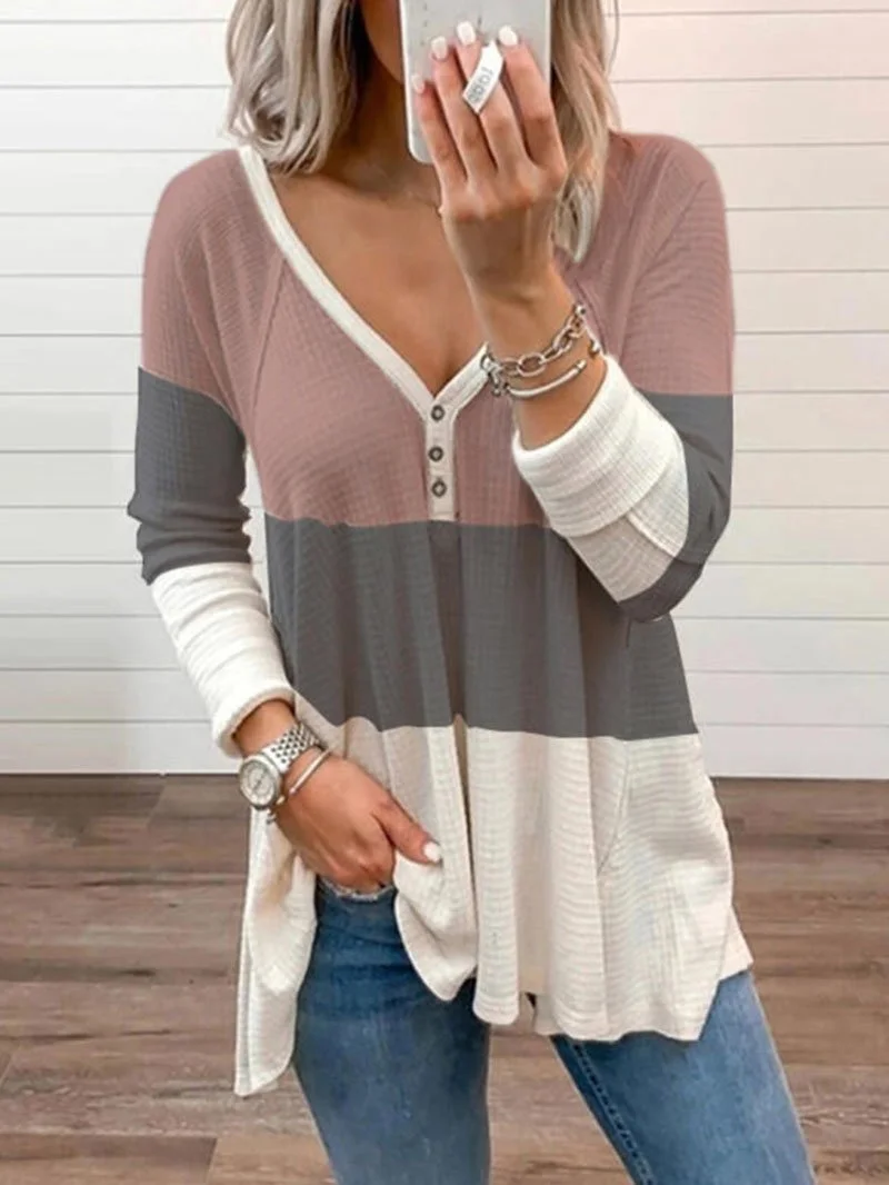 Women's Solid Color Color Blocking Long-sleeved Tops
