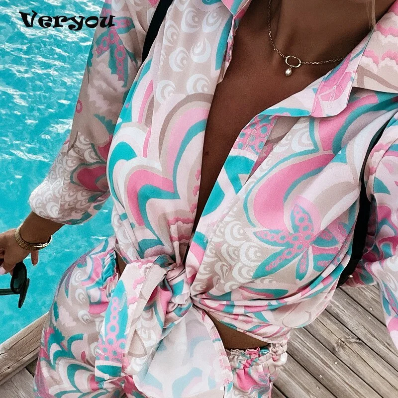 New 2pcs Beach Styles Satin Sets Women Fashion Scenery Pattern Button-down Shirts and Shorts 2021 New Summer Casual Sets