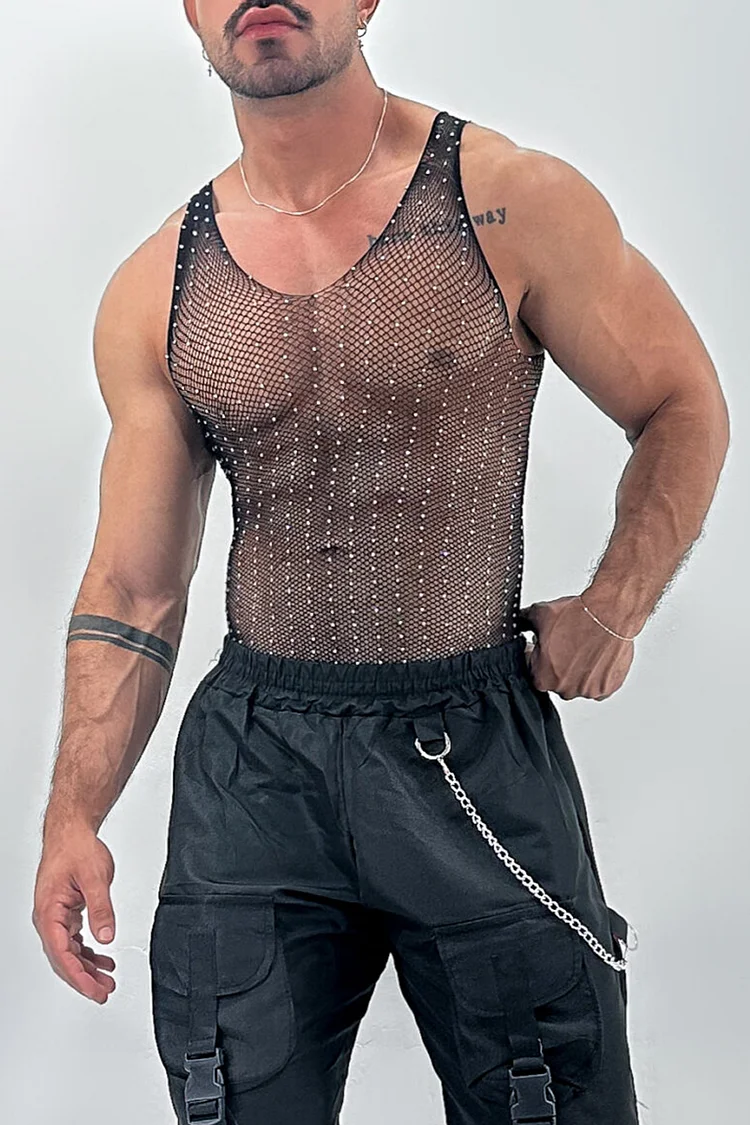 Men's Fishnet Rhinestone See Through Festival Black Bodysuit
