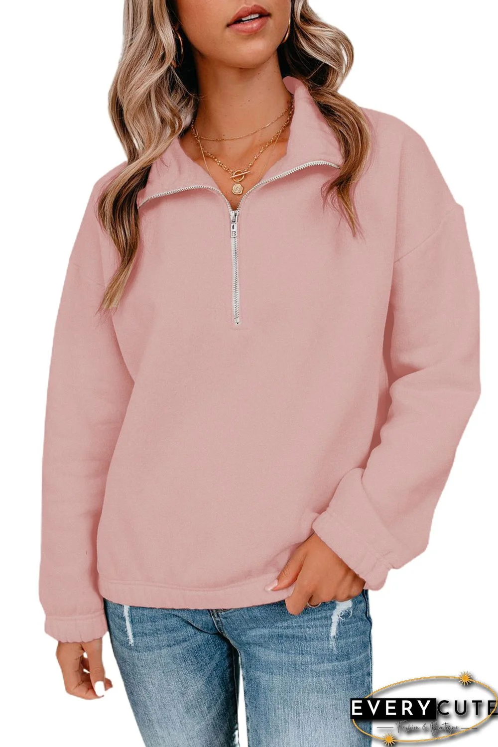 Pink Zipped Collar Sweatshirt