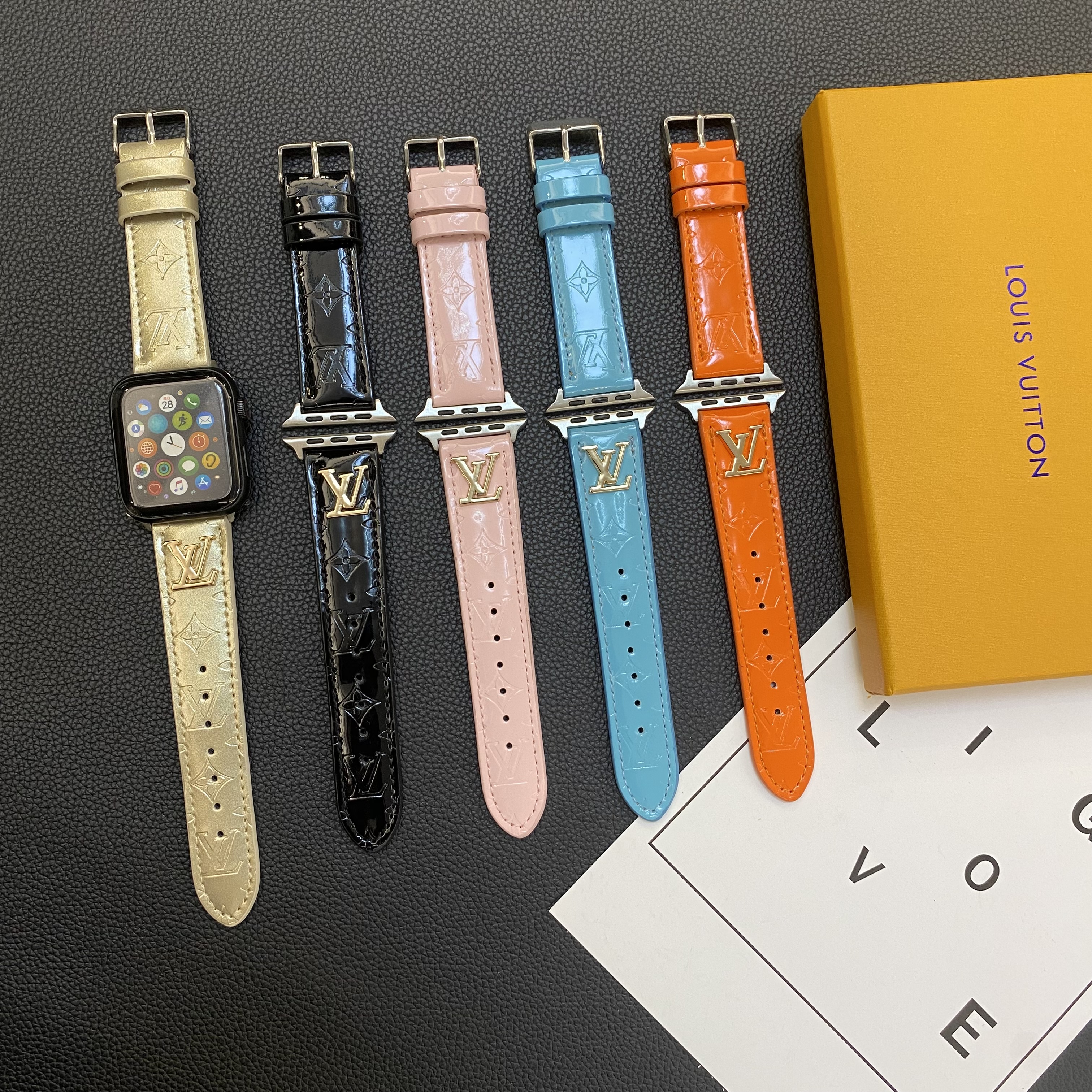 LV Glossy Leather Apple Watch Strap Luxury Metal Logo