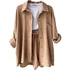 Women's Wrinkled Fabric Casual Long Sleeve Shirt High Waist Drawstring Shorts Two-piece Set