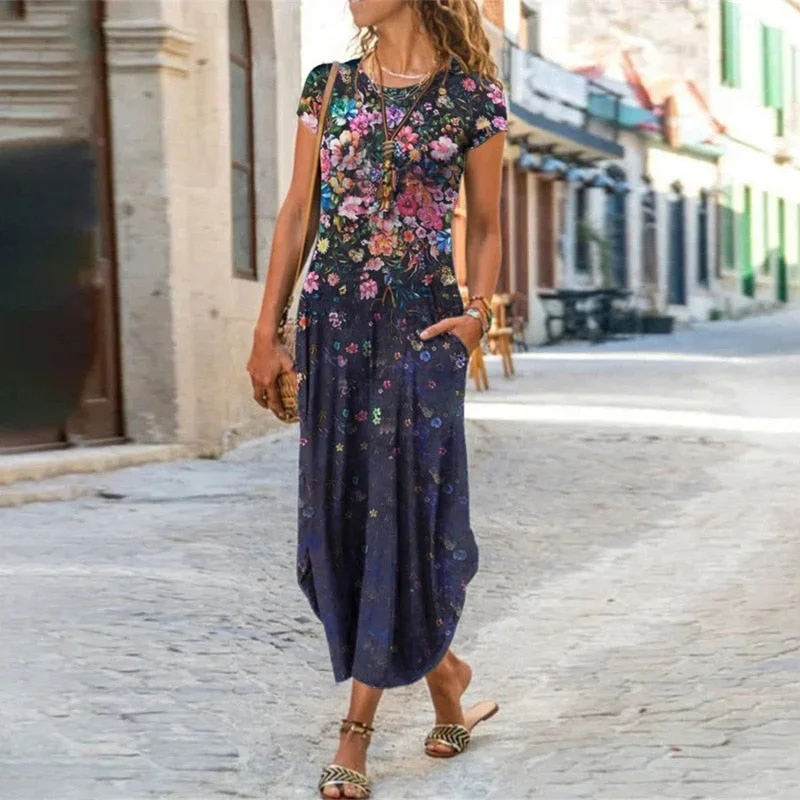 Vintage Flower Dress Women O Neck Pocket Summer Casual Dresses For Women Loose Long Dress Plus Size Ladies Vacation Party Dress