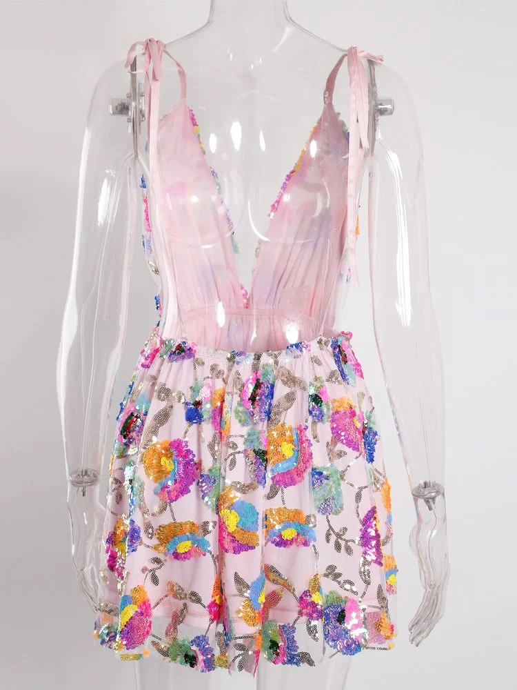 Sleeveless Floral Sequined Pink Sexy Party Dress Deep V Neck Backless ...