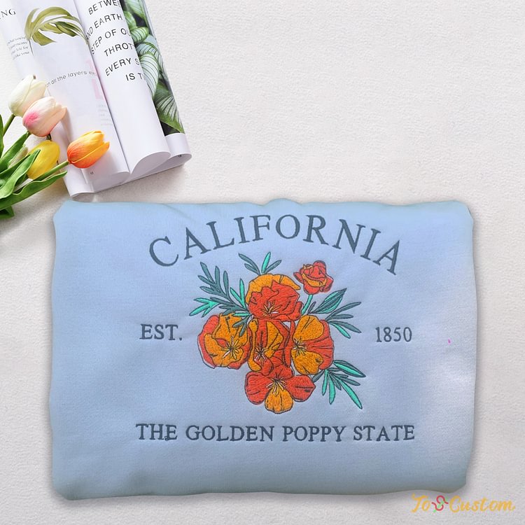 TOSCUSTOM™ Embroidered California State 1850 Golden Poppy Flower Crewneck