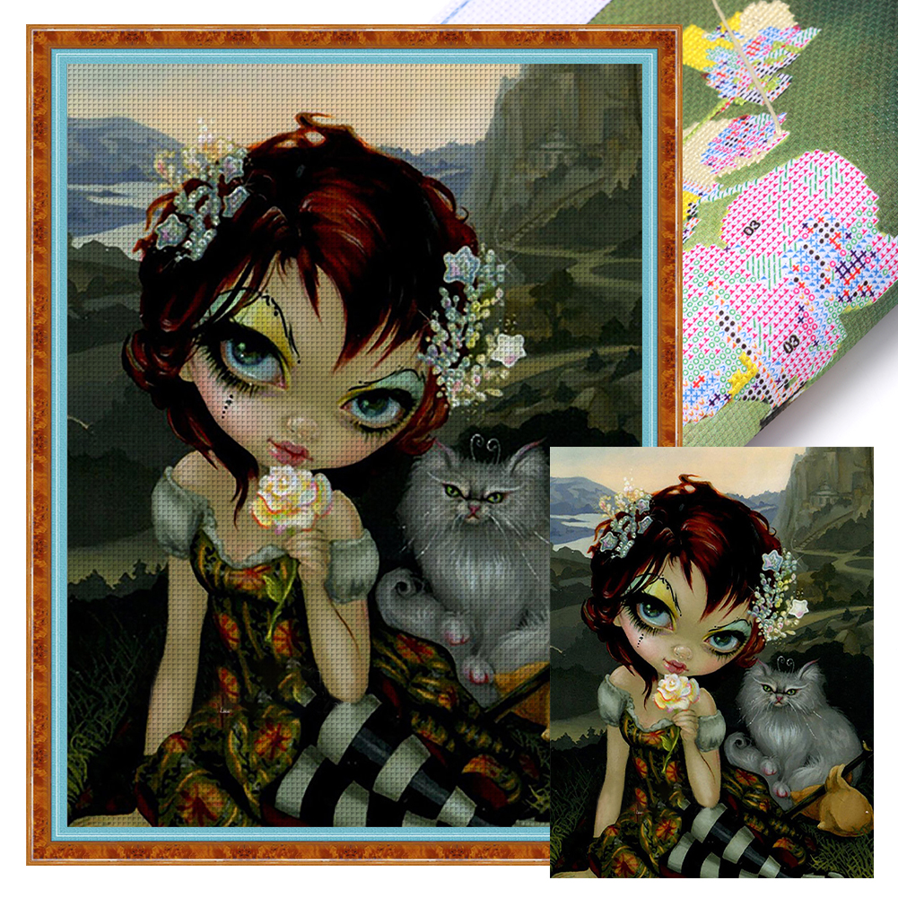 Big-Eyed Girl And Cat Full 11CT Pre-stamped Canvas(40*55cm) Cross Stitch