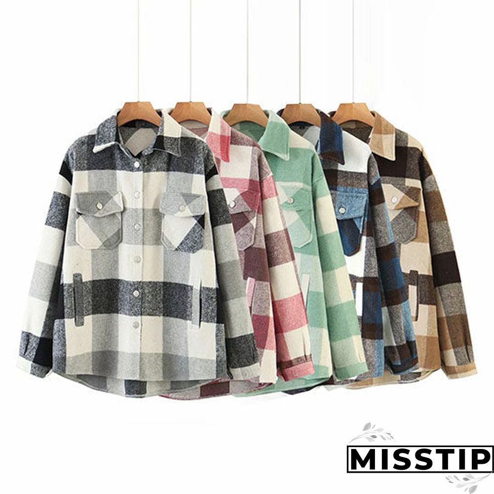 Classic Thick Colorblock Checked Button Down Shirt Jacket Woolen