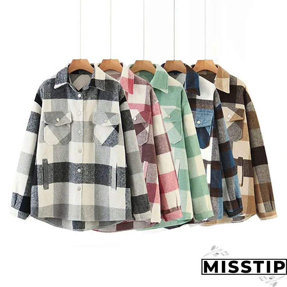 Classic Thick Colorblock Checked Button Down Shirt Jacket Woolen