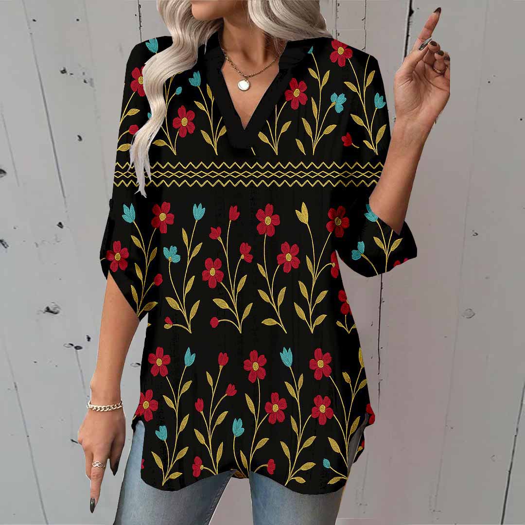 Women Floral,Red, Black DZGA0300 3/4 Sleeve V-neck Printed Graphic Button Tops