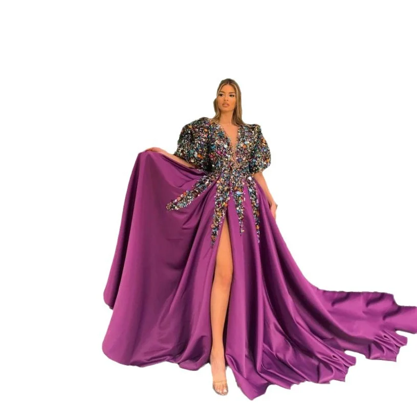 Uveng Uveng Spring New Women's Clothing Crumb Dress Squins Open Fork V-Neck Banquet Evening Dress Woman