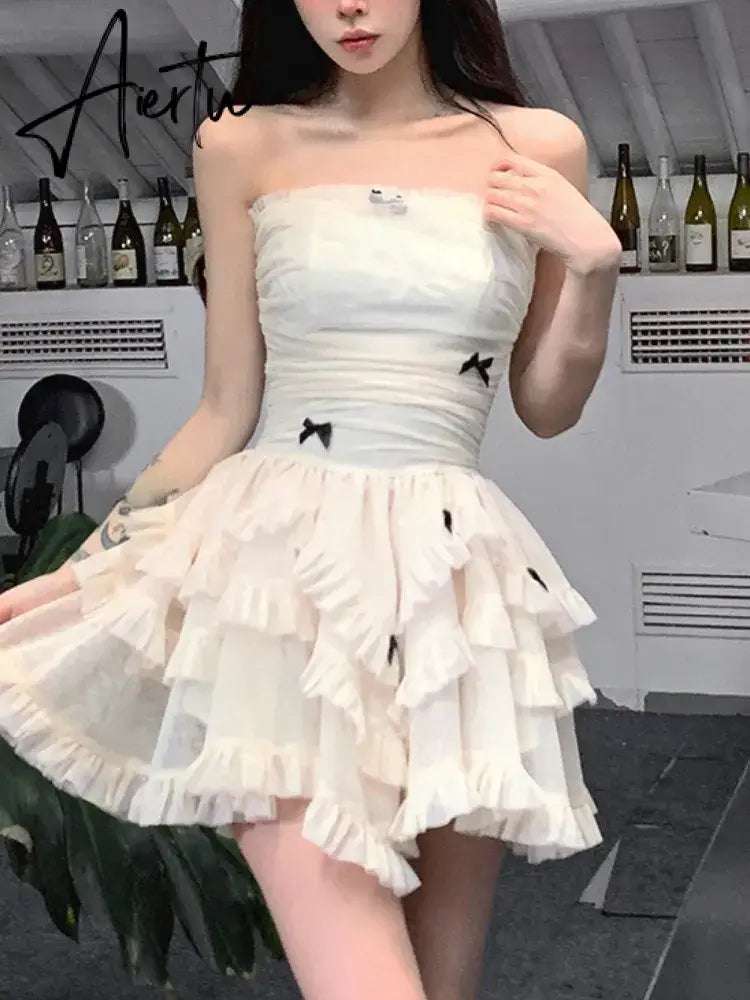 Aiertu Summer Apricot France Elegant Dress Women Bow Y2k Party Mini Dress Female Backless  Korean Fashion Designer Cake Dress New Aiertu