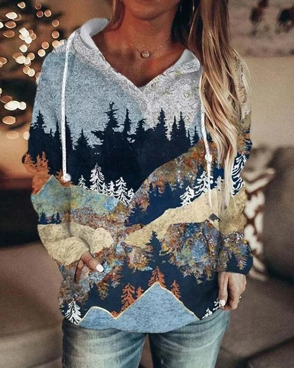 Women's Autumn And Winter Mountain Print Casual Pocket Hoodie & Sweatshirt