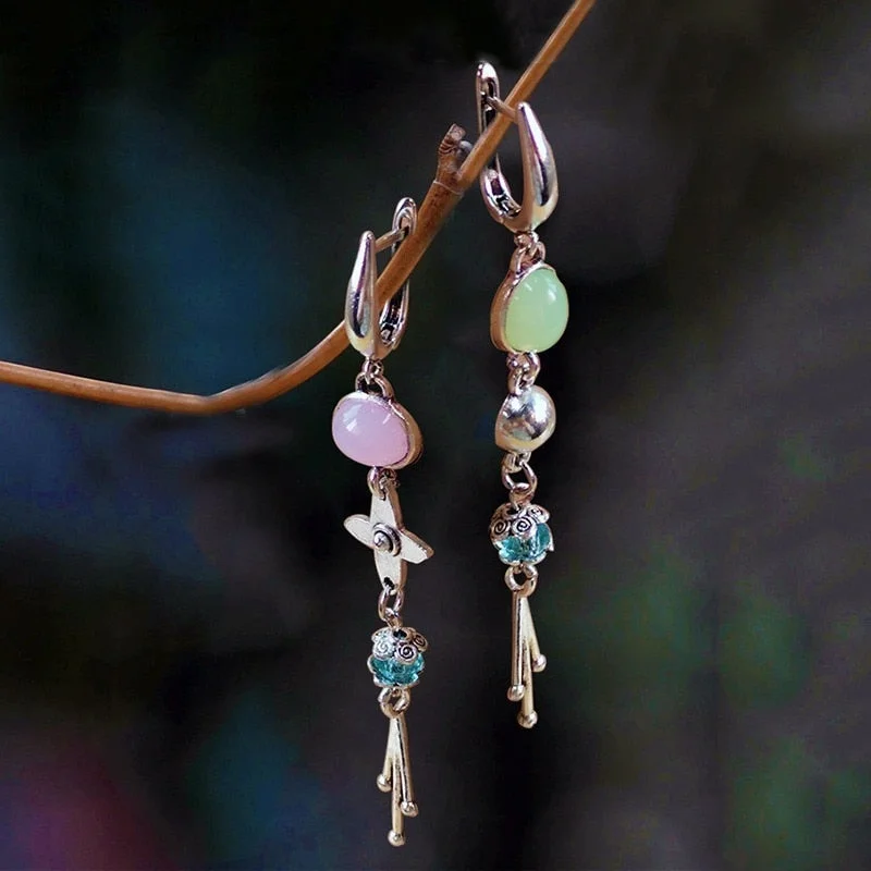 Fashion Metal Long Fringed Red and Green Stone Dangle Earrings New Handmade Ladies Wedding Jewelry Earring Gifts