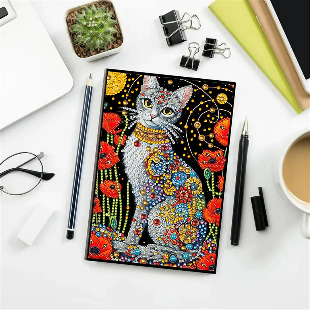 DIY Flower Diamond Painting Journals Notebooks 50 Pages A5 No Lines Special Shaped Diamond Art Kits for Beginners Craft Lovers and Artists (Cat and Flower)