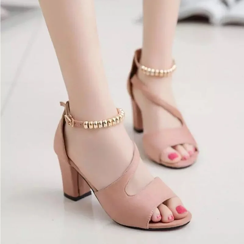 2021 Fashion Sexy Sandals Hollow Roman Sandals Thick with Beaded High Heels Female Summer Sexy Female Sandals  Heels Women 34-42