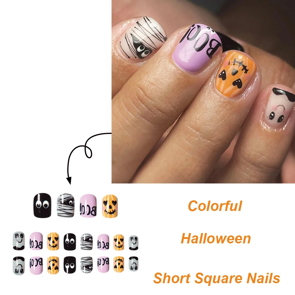 Churchf Churchf Short Square Armour Smiling Mummy Pumpkin Halloween Element Fake Nail Finished Wear Nail Holiday Nail