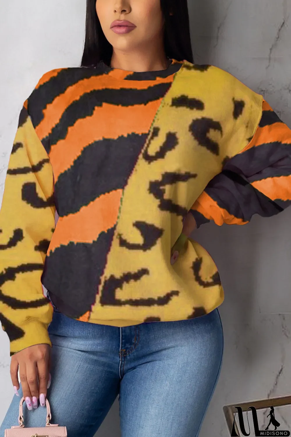 MidiSono - Orange Casual Polyester Print Pullovers O Neck Outerwear