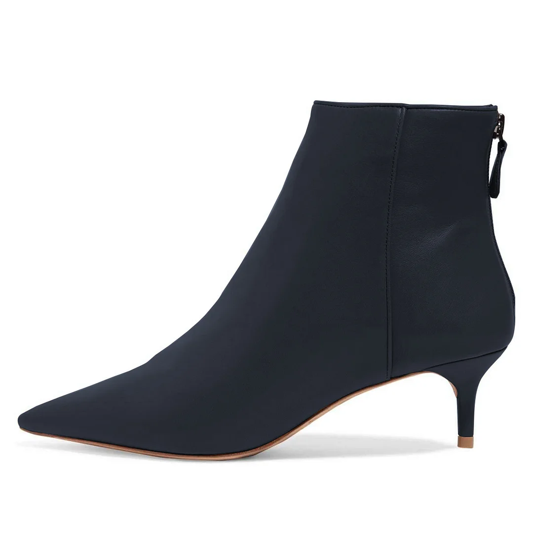 Dark Blue Vegan Leather Pointed Kitten Heel Classy Ankle Boots