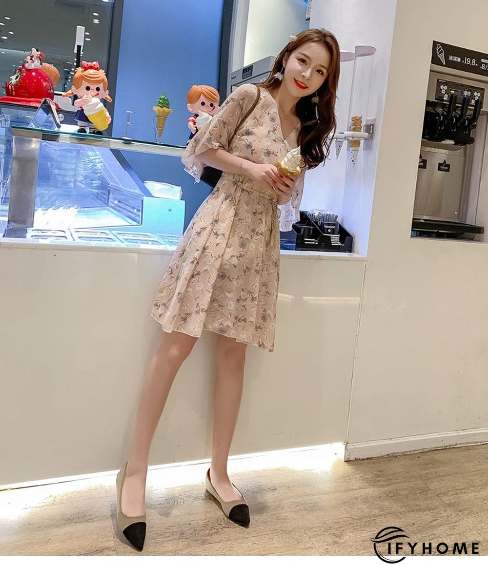 Spring Summer Chiffon Women V-Neck Floral Print Short Dresses Sweet Ruffle Sleeeve Slim Drawstring Ladies Dress | IFYHOME