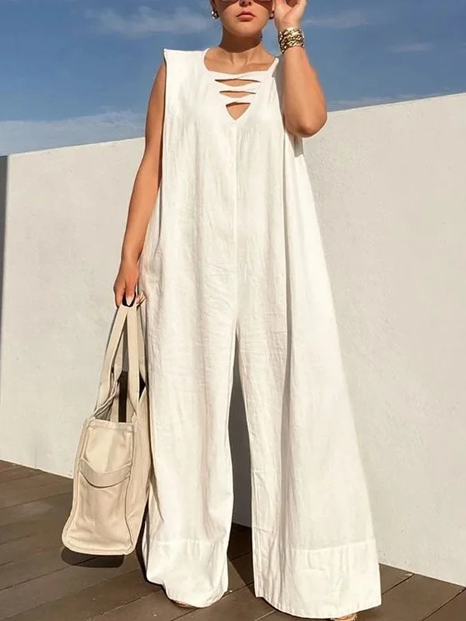Women's Casual Solid Color Cotton and Linen Jumpsuit