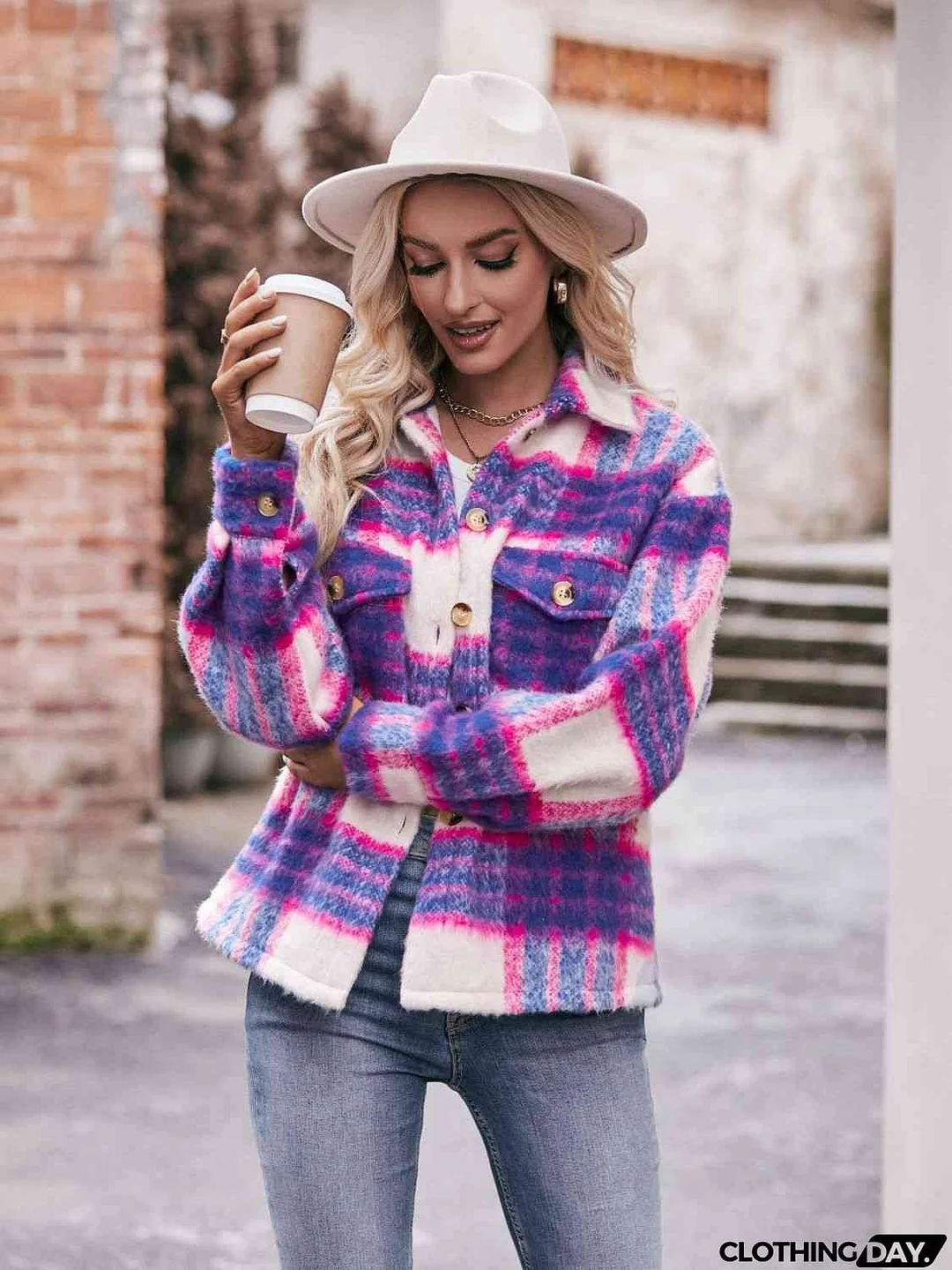 Plaid Dropped Shoulder Collared Jacket