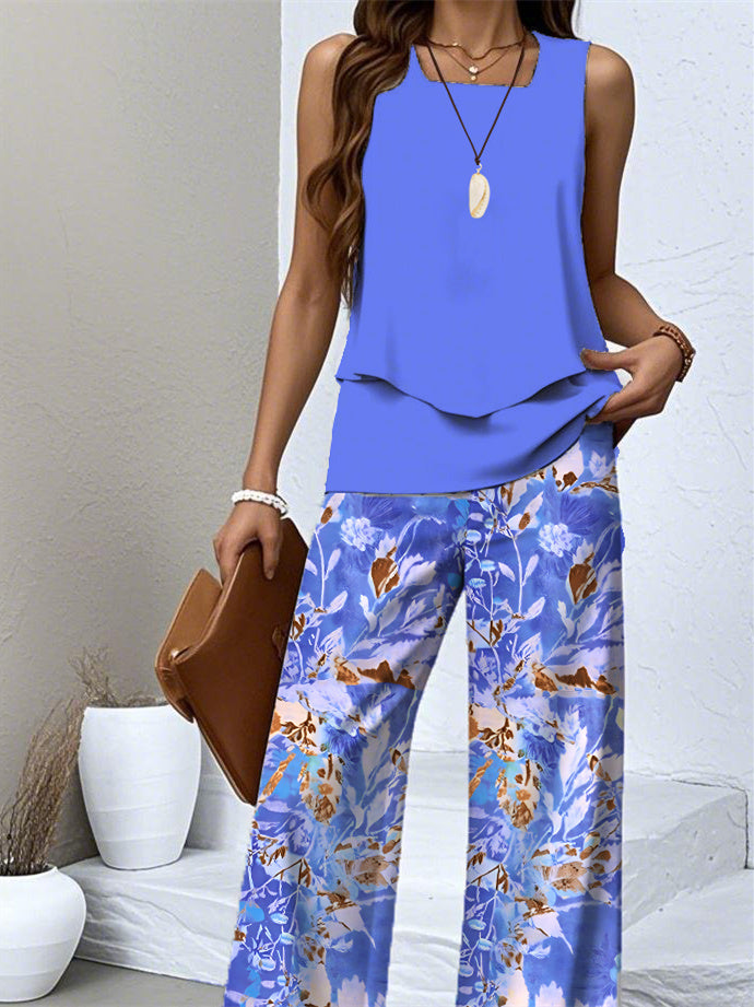 Women's Sleeveless Square Collar Graphic Printed Casual Set