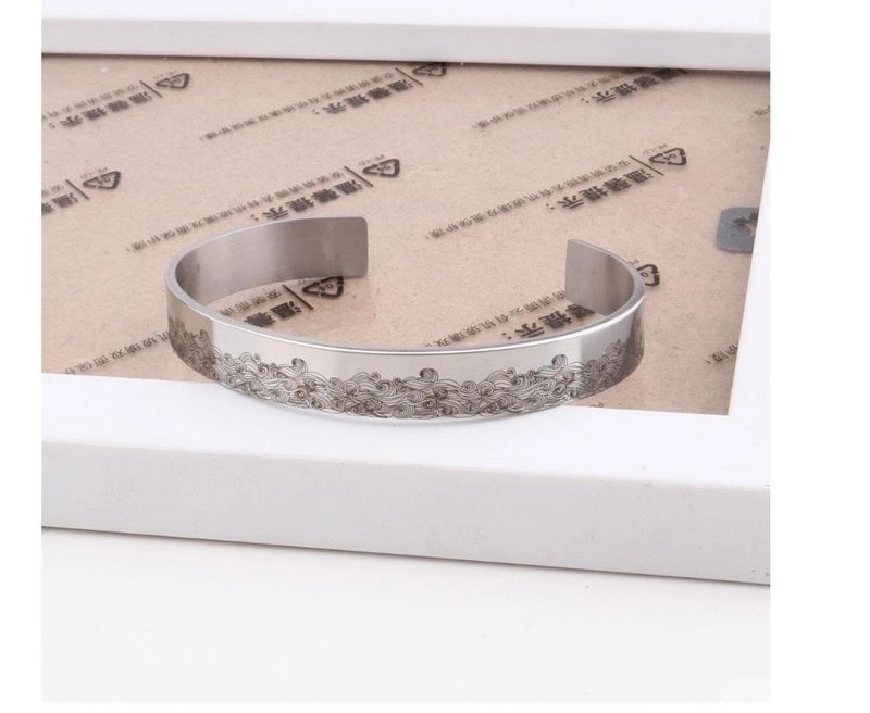 Women’s Vintage Style Letter Sea Wave Stainless Steel Bangle Carving Stainless Steel Bracelets