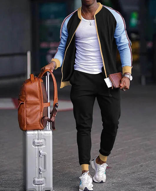 Sporty Color-block Mock Neck Zipper Coat & Pants 2Pcs Set
