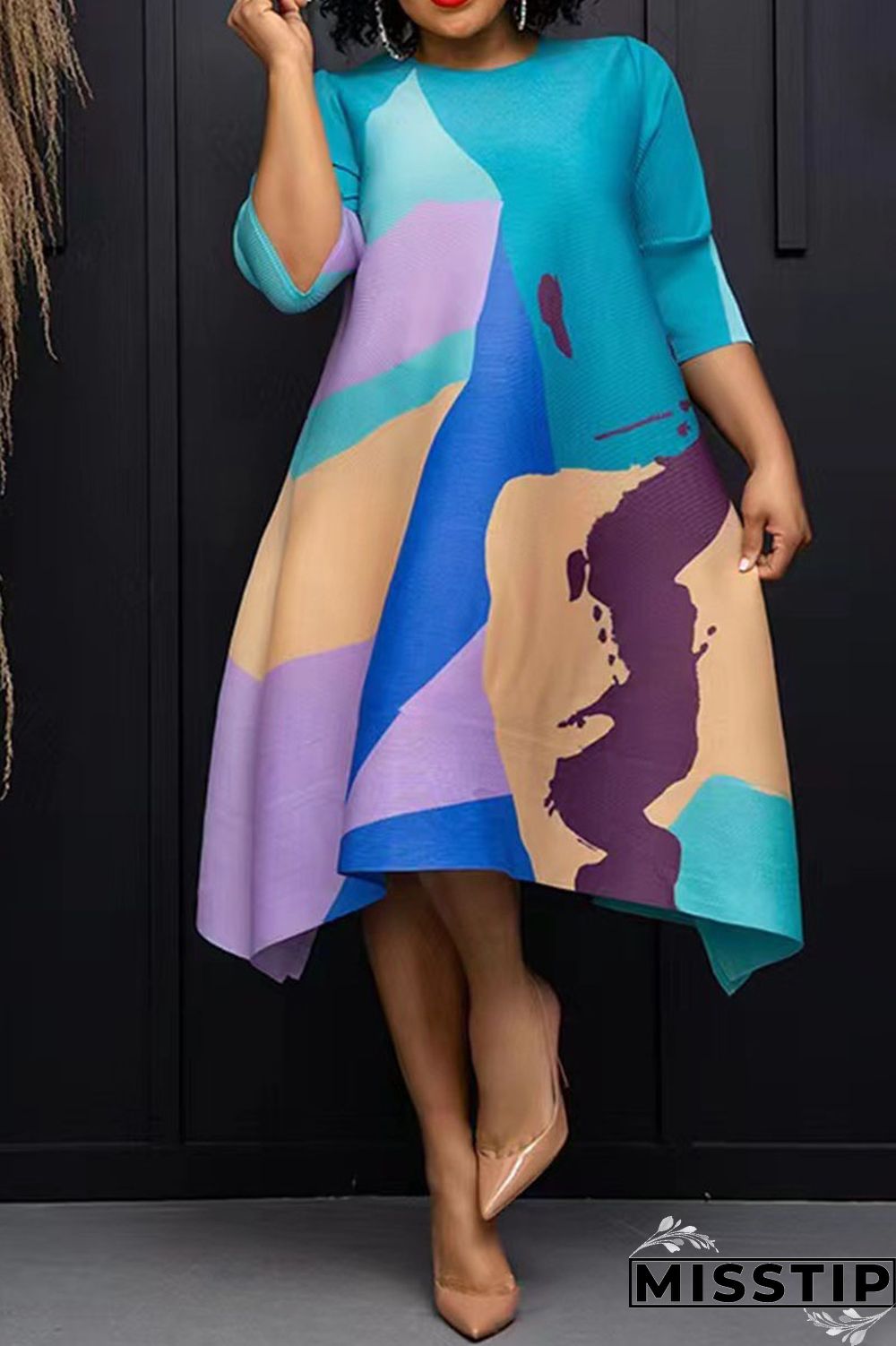 Blue Casual Elegant Print Patchwork O Neck A Line Dresses