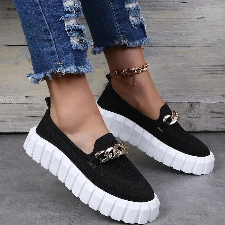 Women's Orthopedic Fly Woven Metal Chain Round Toe Thick Bottom Loafers shopify Stunahome.com