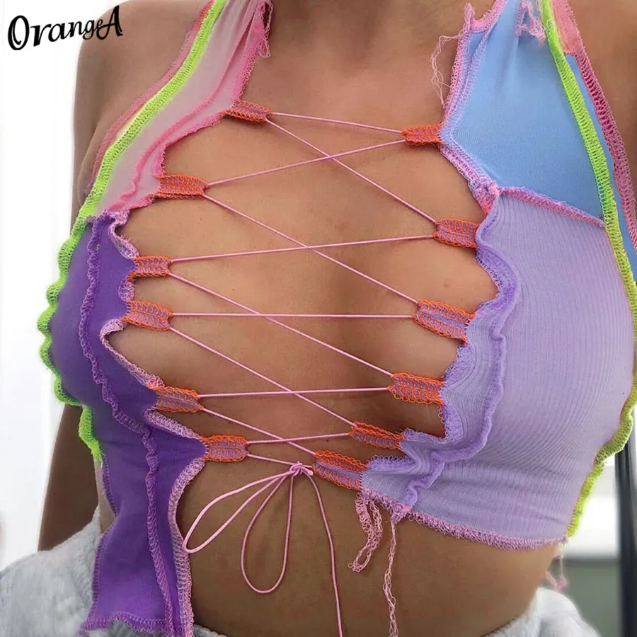 OrangeA Women Ribbed Sexy Hollow Out Clubwear Y2K Top Striped Patchwork Stretchy Bandage Drawstring Sleeveless Party Streetwear