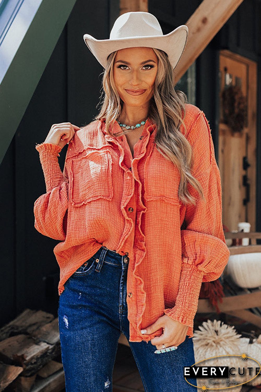Orange Ruffled Shirred Waffle Knit Pocketed Long Sleeve Shirt