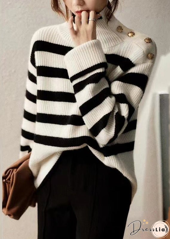 French Striped Turtleneck Patchwork Cozy Knit Sweaters Long Sleeve