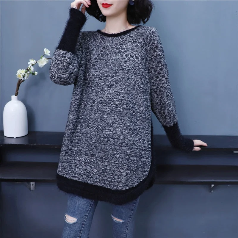 Spring Female Mohair Pullover Loose Sweater Knitted Long Sleeve O-neck Gray Pullovers Sweater