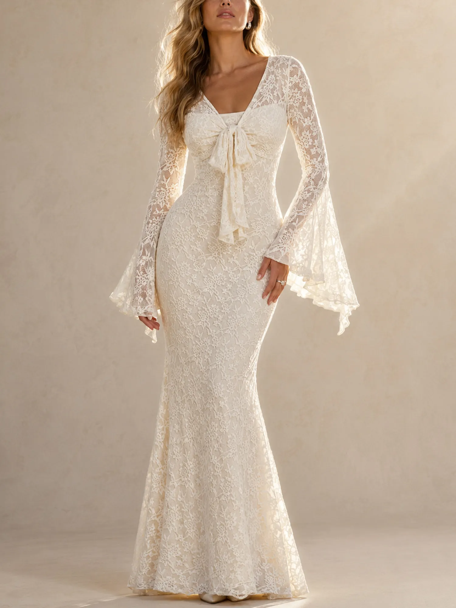 Perfect for a romantic winery wedding reception &mdash; Women's Ivory White Maxi Dress with Tie-front, Flared Sleeves, Crochet Fishtail Lace