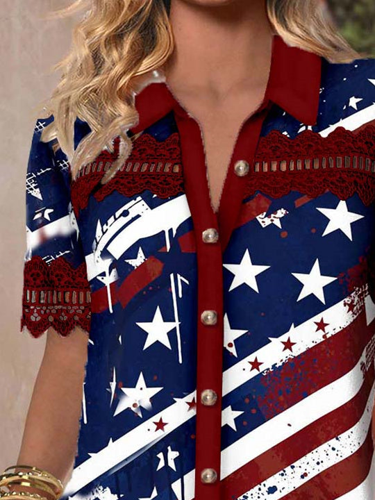 Women Short Sleeve V-neck Striped Star Printed Graphic Lace Hollow Stitching Button Tops