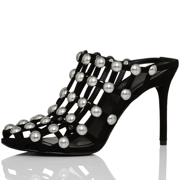 Black Stiletto Heel Mules Cadged Studs Mule |FSJ Shoes