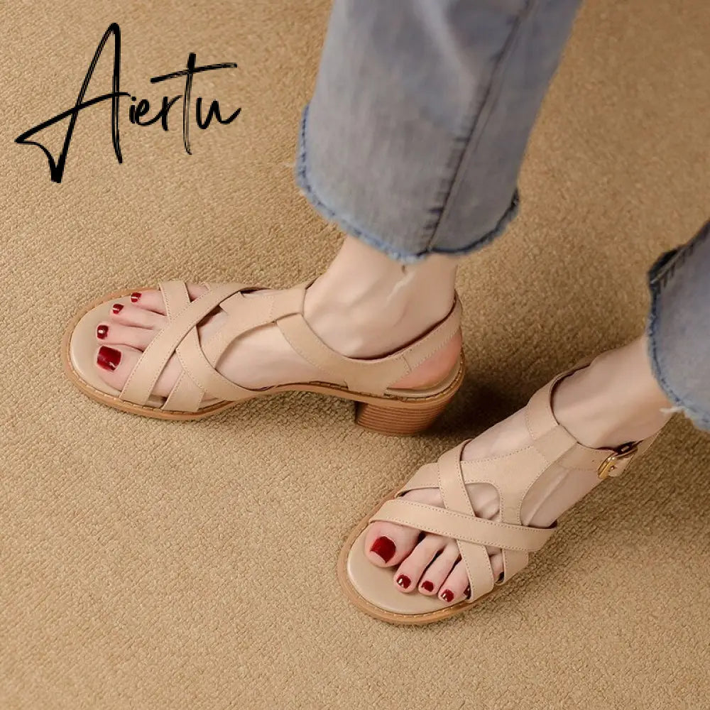 Women Sandals Thick Heels Genuine Leather Ankle Strap Shoes Woman Office Ladies Party Casual Golden Pumps Spring Summer Fashion Aiertu