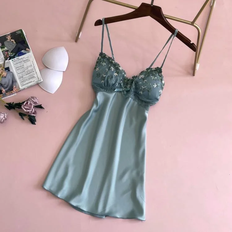 Uaang Lace Satin Nightdress Lady Strap Backless Nighty Gown Summer Sleeveless With Chest Pads Nightgown Sleepshirt Lounge Sleep Dress