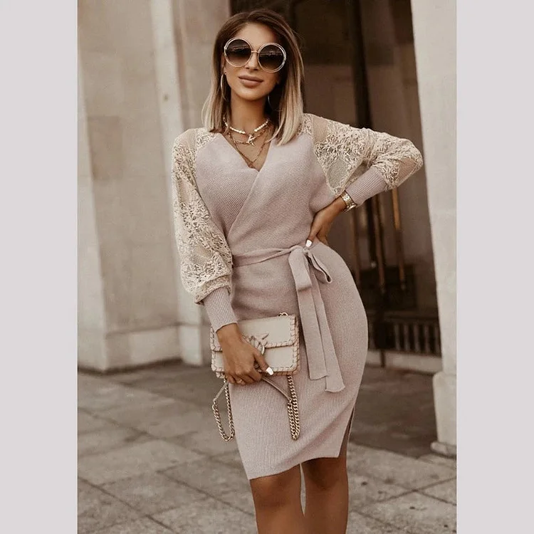Women's Fall Knitted Dress V-Neck Lace Sleeve Elegant Party Dress