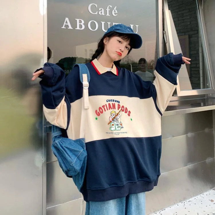 Print Vintage Long Sleeve Sweatshirt Polo Neck 2021 Spring Clothes For Women Harajuku Letter Female Pullovers Casual Chic Tops